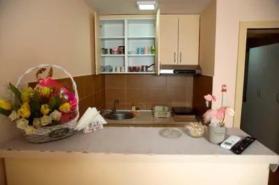 a kitchen with a counter with a basket of flowers on it at Apartman Dunja in Vrnjačka Banja
