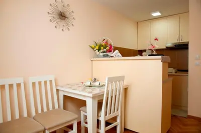a small kitchen with a small table and chairs at Apartman Dunja in Vrnjačka Banja