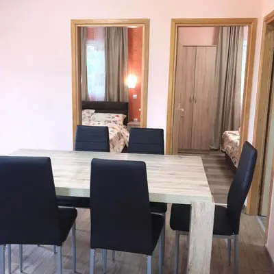 a room with a table and chairs and a bed at Velin raj in Soko Banja