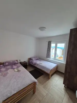 a bedroom with two beds and a window at Apartmani Petrović SEMČE Suva Planina in Gadžin Han