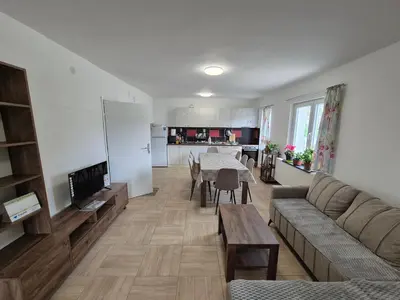 a living room with a couch and a table at Apartmani Petrović SEMČE Suva Planina in Gadžin Han