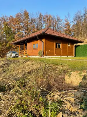 a wooden house with a car parked in front of it at Etno selo Rasinski Lug in Ravni