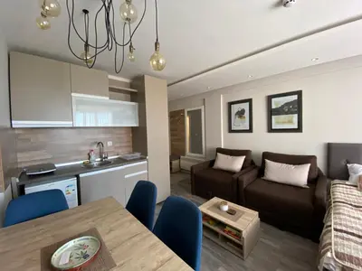 a kitchen and living room with a couch and a table at Milmari Premier 28 Kopaonik in Kopaonik