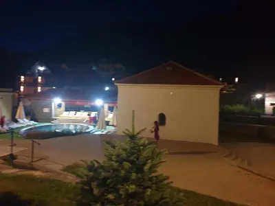 a person standing in front of a building at night at Apartman Djekovic in Jošanička Banja