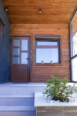 a house with a wooden door and a window at Zoo Misic Prenoćište in Vranje