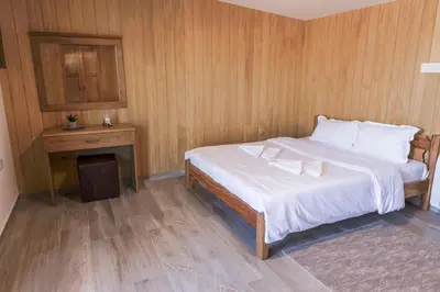a bedroom with a bed and a wooden wall at Zoo Misic Prenoćište in Vranje
