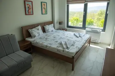 a bedroom with a bed and a couch and a window at Zoo Misic Prenoćište in Vranje