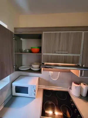 a kitchen with a microwave and a stove top oven at Royal Panorama Apartman & 