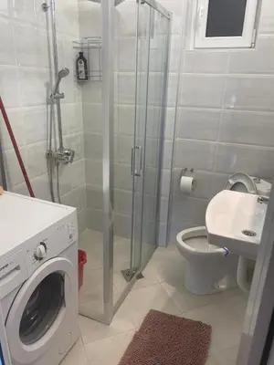 a bathroom with a washing machine and a toilet at Sandra in Niš