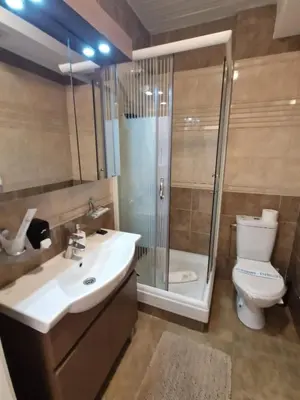 a bathroom with a shower and a sink and a toilet at J&A Apartman in Jagodina