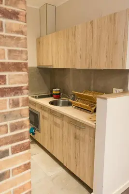 a kitchen with wooden cabinets and a sink at Five-O-Six Apartment, Župa-Kopaonik in Kopaonik