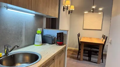 a kitchen with a sink and a small table at Five-O-Six Apartment, Župa-Kopaonik in Kopaonik