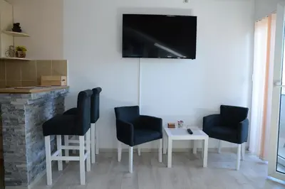 a living room with chairs and a table and a tv at Studio Apartman Dunja in Jagodina