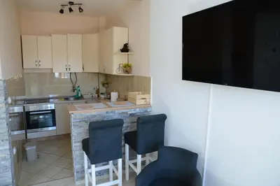 a kitchen with a bar with chairs and a flat screen tv at Studio Apartman Dunja in Jagodina