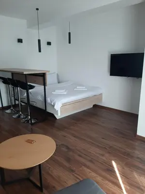 a bedroom with a bed and a desk and a table at Vihor A21 in Kopaonik