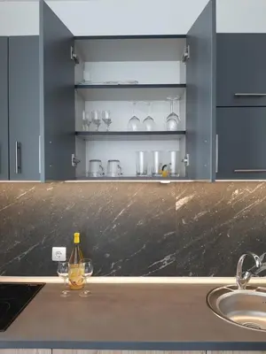 a kitchen counter with a sink and a bottle of wine at Vihor A21 in Kopaonik