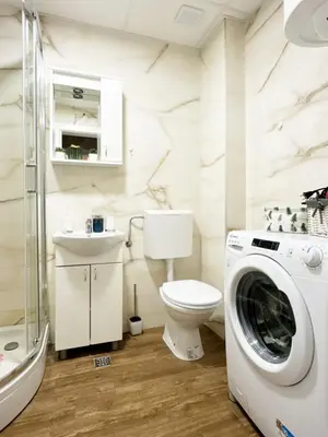 a bathroom with a toilet and a washing machine at Apartman Elena 11 in Vrnjci