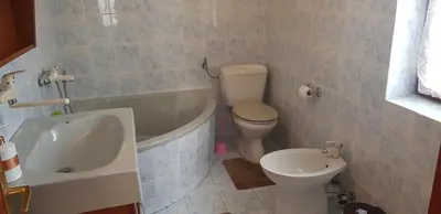a bathroom with a tub and a toilet and a sink at Apartmani Filipi in Vrnjačka Banja