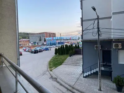 a view of a parking lot from a building at Apartman Kasija in Jagodina