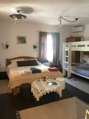 a bedroom with two beds and a table at VILA MILICA & SPA ALEKSANDRA in Dimitrovgrad