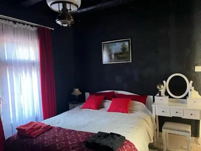 a bedroom with a bed with red pillows and a mirror at VILA MILICA & SPA ALEKSANDRA in Dimitrovgrad
