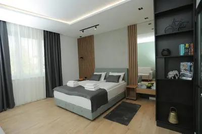 a bedroom with a king sized bed and a mirror at Bonanza Apartments in Niš