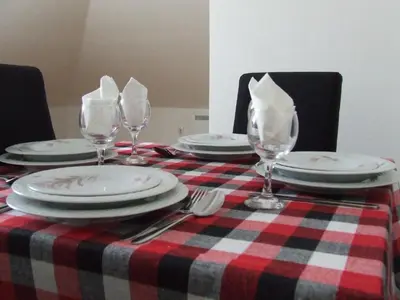 a table with plates and glasses on a checkered table cloth at A&A in Vrnjačka Banja