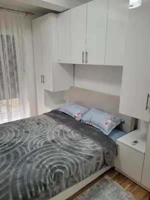a bedroom with a large bed with white cabinets at APARTMANI CEPERKOVIC in Vrnjačka Banja