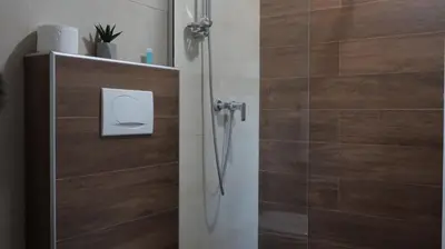 a bathroom with a shower with wooden tiles at Ctrl Alt Del Apartment S76 in Kopaonik