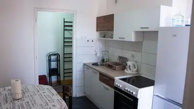 a small kitchen with a sink and a stove at Dvosoban stan u strogom centru in Kruševac