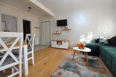 a living room with a green couch and a table at Apartman Antic 1 in Vrnjačka Banja