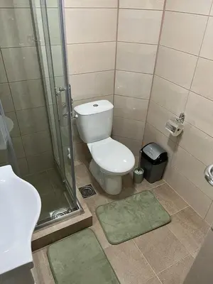 a bathroom with a toilet and a shower and a sink at Apartman - 411 in Vrnjačka Banja