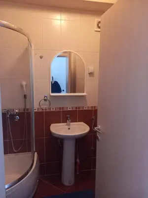 a bathroom with a sink and a toilet and a mirror at Smeštaj Voli - Borići studio-apartman, Sokobanja in Soko Banja