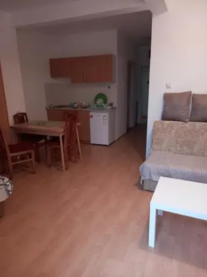 a living room with a couch and a table and a kitchen at Smeštaj Voli - Borići studio-apartman, Sokobanja in Soko Banja