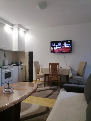 a kitchen and living room with a table and a tv at Apartman Boki in Vrnjačka Banja