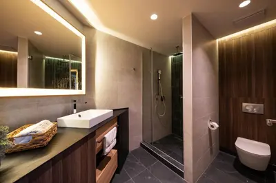 a bathroom with a sink and a toilet and a shower at Aparthotel Woodside by Anaya in Kopaonik