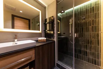 a bathroom with a sink and a shower with a mirror at Aparthotel Woodside by Anaya in Kopaonik