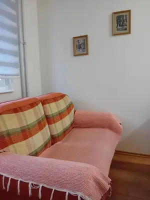 a couch with two pillows sitting in a room at Apartman A-1 in Zaječar