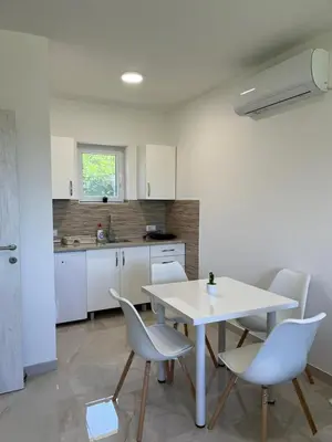 a kitchen with a table and chairs in a kitchen at Djokić 3 sa bazenom in Soko Banja