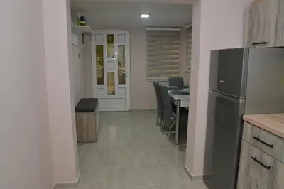 a kitchen with a refrigerator and a table with chairs at Milivojevic in Soko Banja