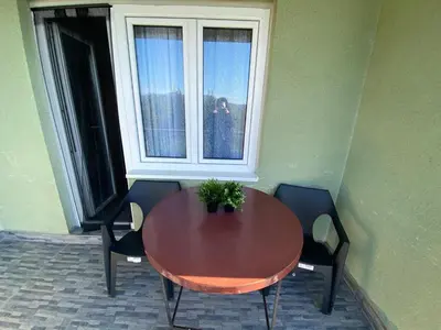 a table with a potted plant sitting in front of a window at Apartman IKA Sokobanja in Soko Banja