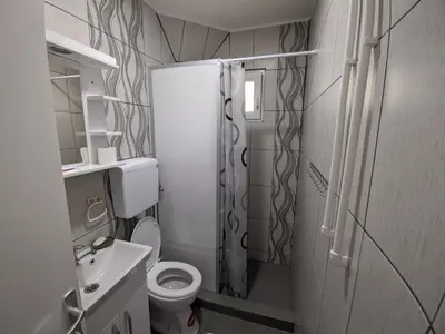 a small bathroom with a toilet and a shower at Apartman IKA Sokobanja in Soko Banja