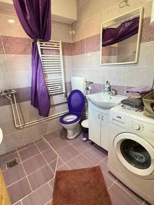 a bathroom with a toilet a sink and a washing machine at Apartman Zigic in Soko Banja