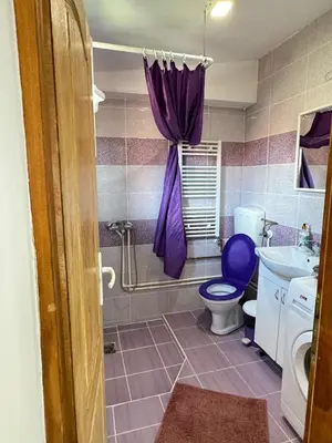 a bathroom with a purple toilet and a sink at Apartman Zigic in Soko Banja