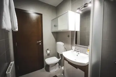 a bathroom with a toilet and a sink and a mirror at Apartment Ilunion I in Vrnjačka Banja
