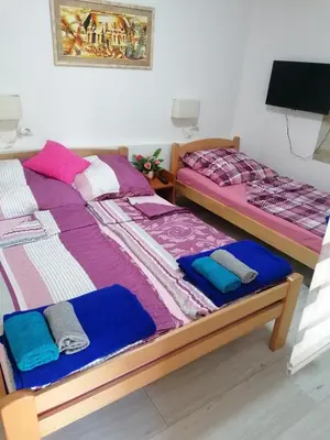 two beds sitting next to each other in a room at Dedovina in Soko Banja