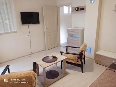 a living room with a table and a chair at Apartman Aleks in Soko Banja