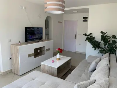 a living room with a couch and a tv at Apartmani Bambi Sokobanja in Soko Banja