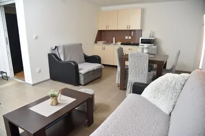 a living room with a couch and a table at Boja Zalaska - kameni apartman in Jagodina