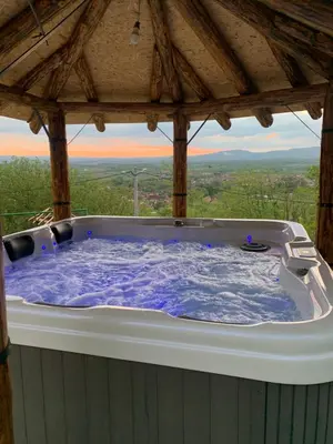 a jacuzzi tub in a room with a view at Boja Zalaska - kameni apartman in Jagodina